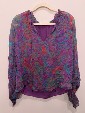 Ramy Brook Purple Teal Paisley Floral V Neck Blouse XS Long Sleeve Smocked Cuff